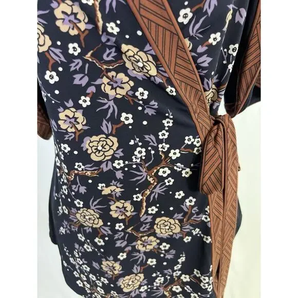 VTG BCBG Gorgeous Y2K Asian Print Kimono Wrap Top Women’s Small Blue Brown - Picture 5 of 11